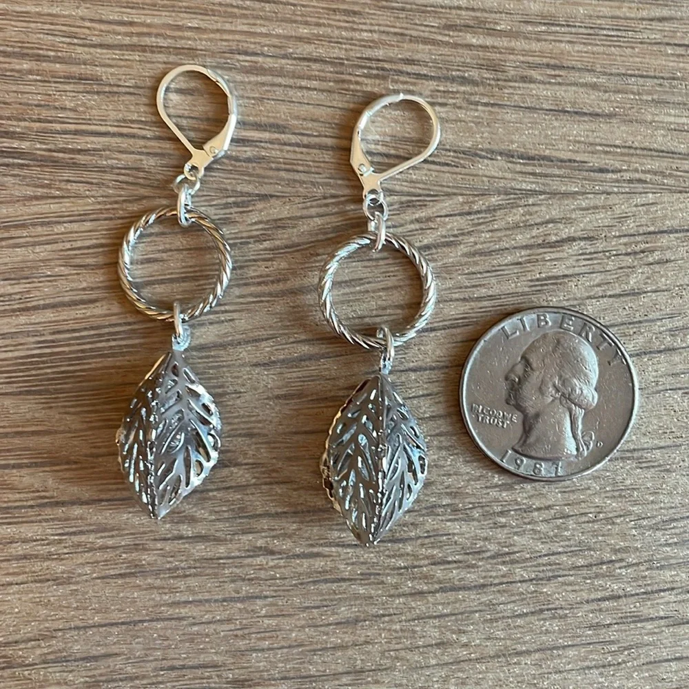 HAND CRAFTED EARRINGS Silver Dangling Leaves Hoop Earrings